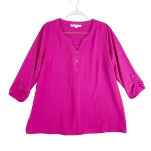 Good Days Only Womens‎ 1X Hot Pink Henley Roll Tab Sleeve Tunic Office Casual
